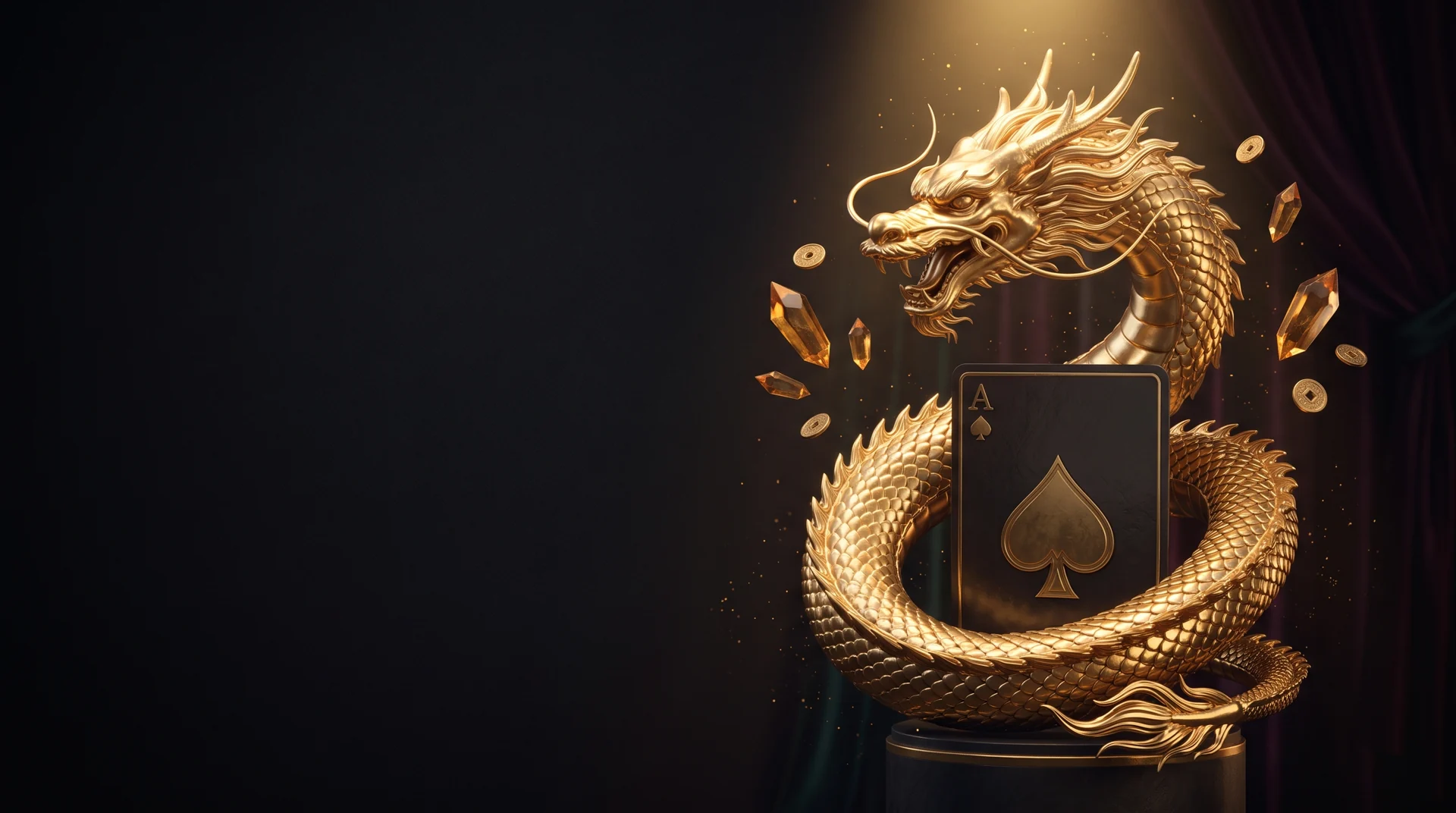 A sculptural golden dragon encircling an onyx ace card